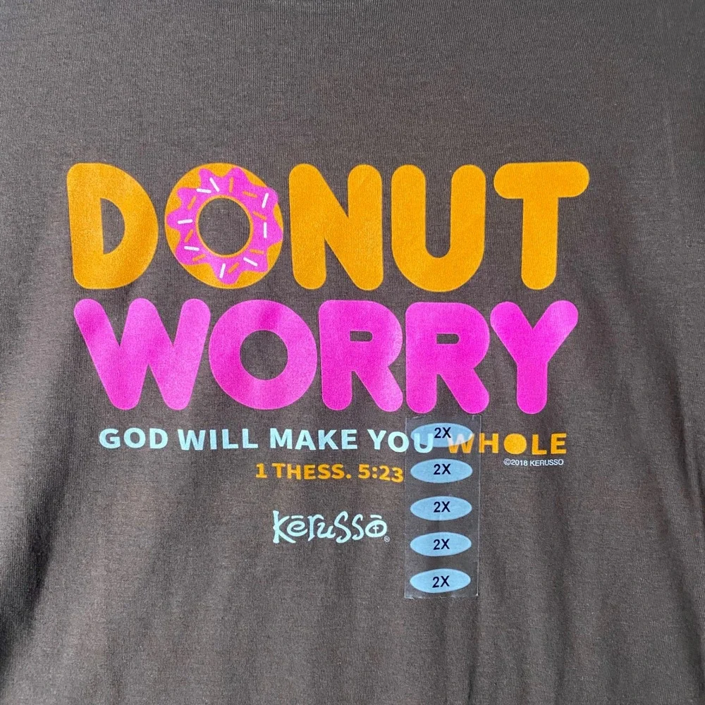 Donut Worry Christian T-Shirt Men 2XL Brown Religious Graphic Tee NEW Kerusso - Picture 2 of 8